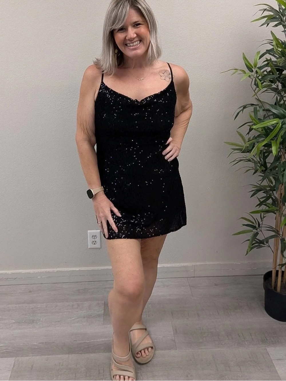 Windsor Black Sequin Cowl Neck Mini Slip Dress - Size Large